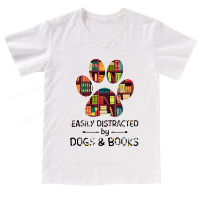 Pagewings Easily Distracted By Dogs And Books V-neck T-shirt