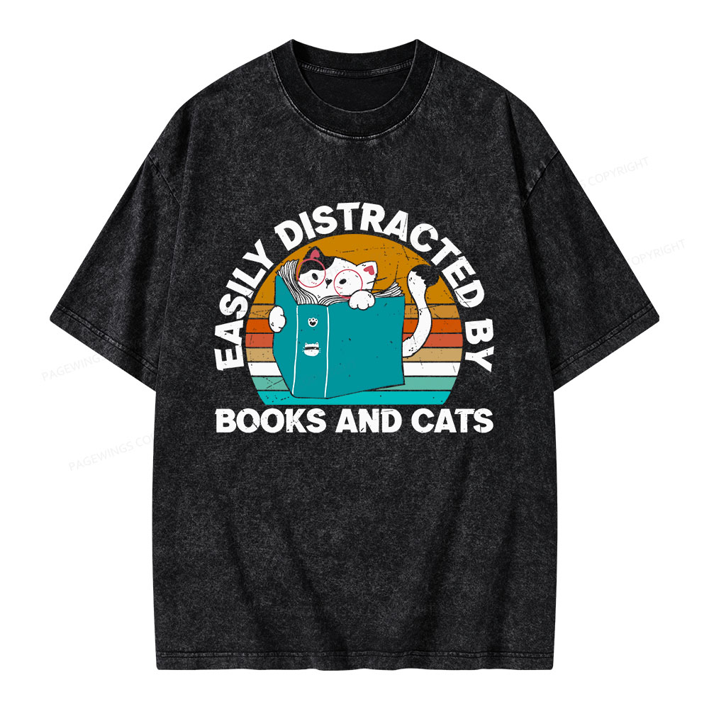 Pagewings Easily Distracted By Books And Cats Unisex Washed T-shirt