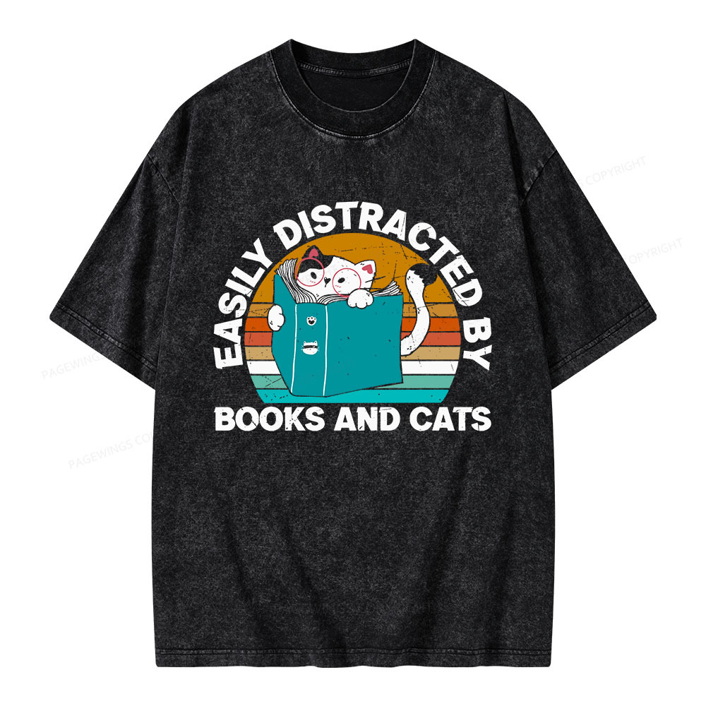 Pagewings Easily Distracted By Books And Cats Unisex Washed T-shirt