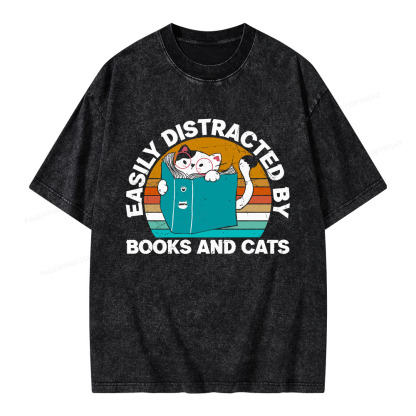 Pagewings Easily Distracted By Books And Cats Unisex Washed T-shirt