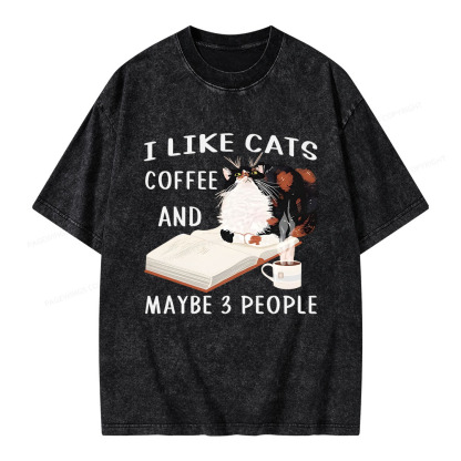 Pagewings I Like Cats Coffee And Maybe 3 People Unisex Washed T-shirt