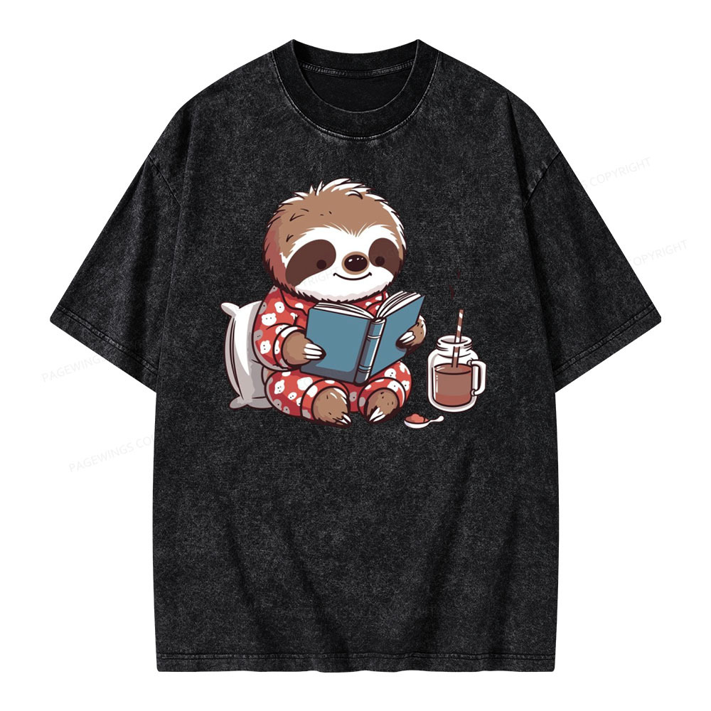 Pagewings Books Sloth Book lover Gift cute sloth on Unisex Washed T-sh