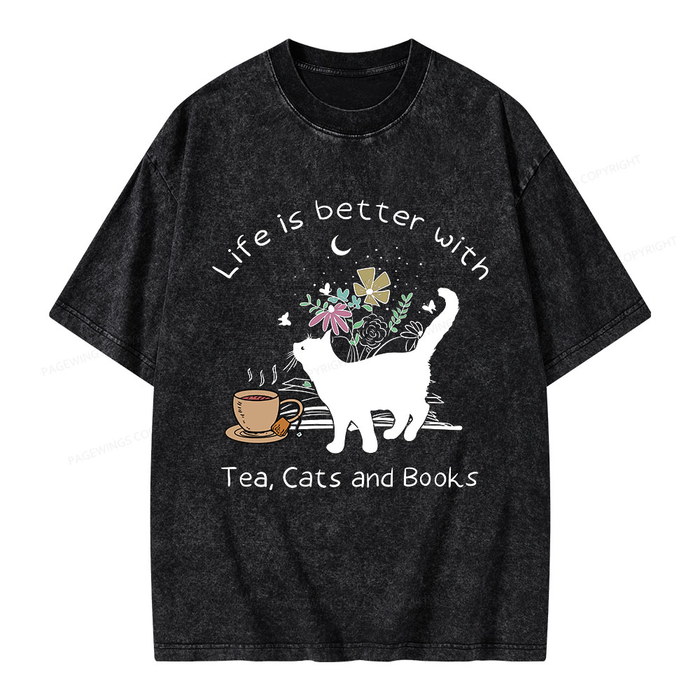 Pagewings Life Is Better With Tea Cats And Books Unisex Washed T-shirt