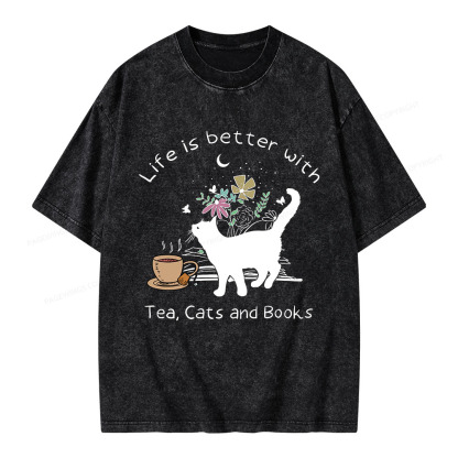 Pagewings Life Is Better With Tea Cats And Books Unisex Washed T-shirt