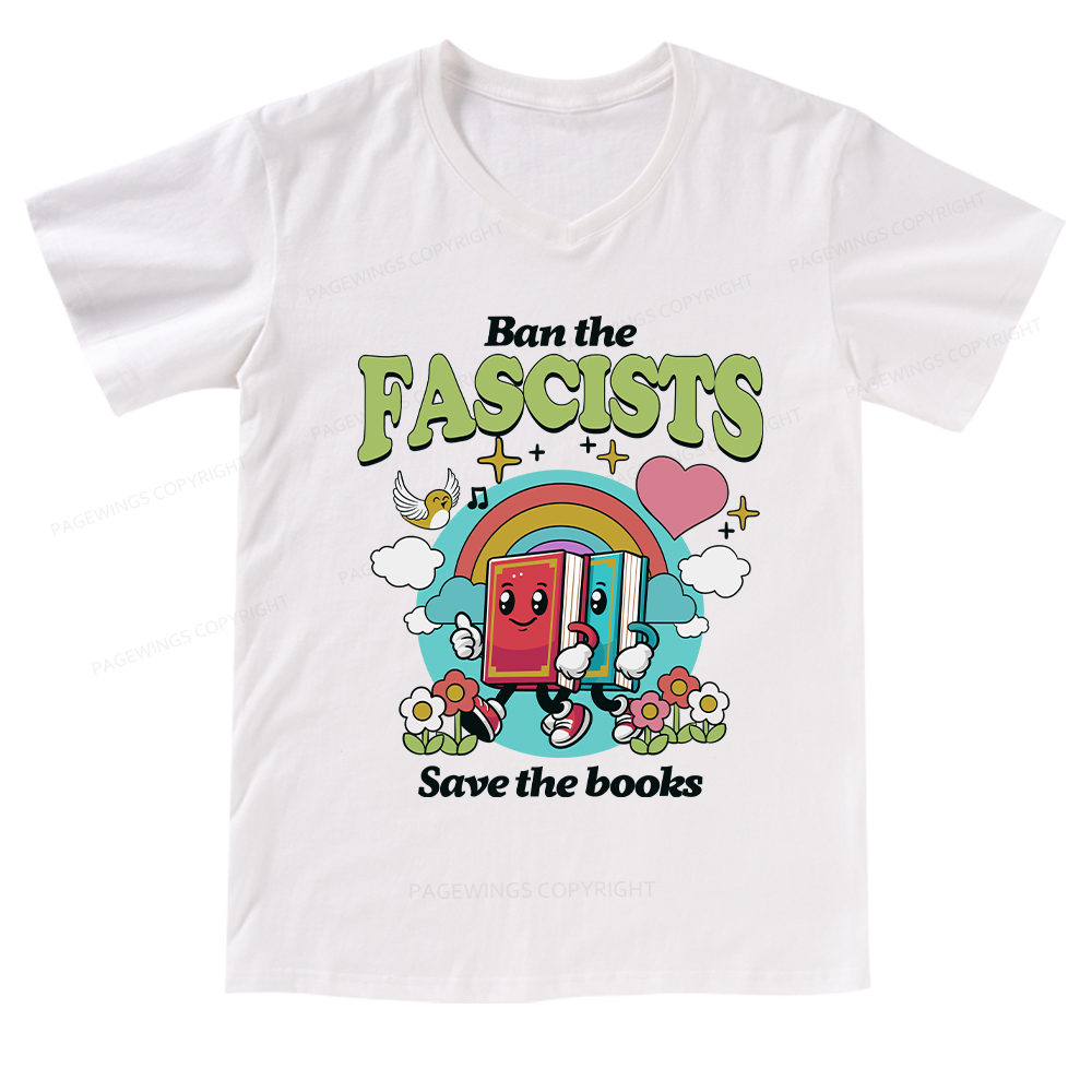 Pagewings Ban the Fascists Save the Books V-neck T-shirt