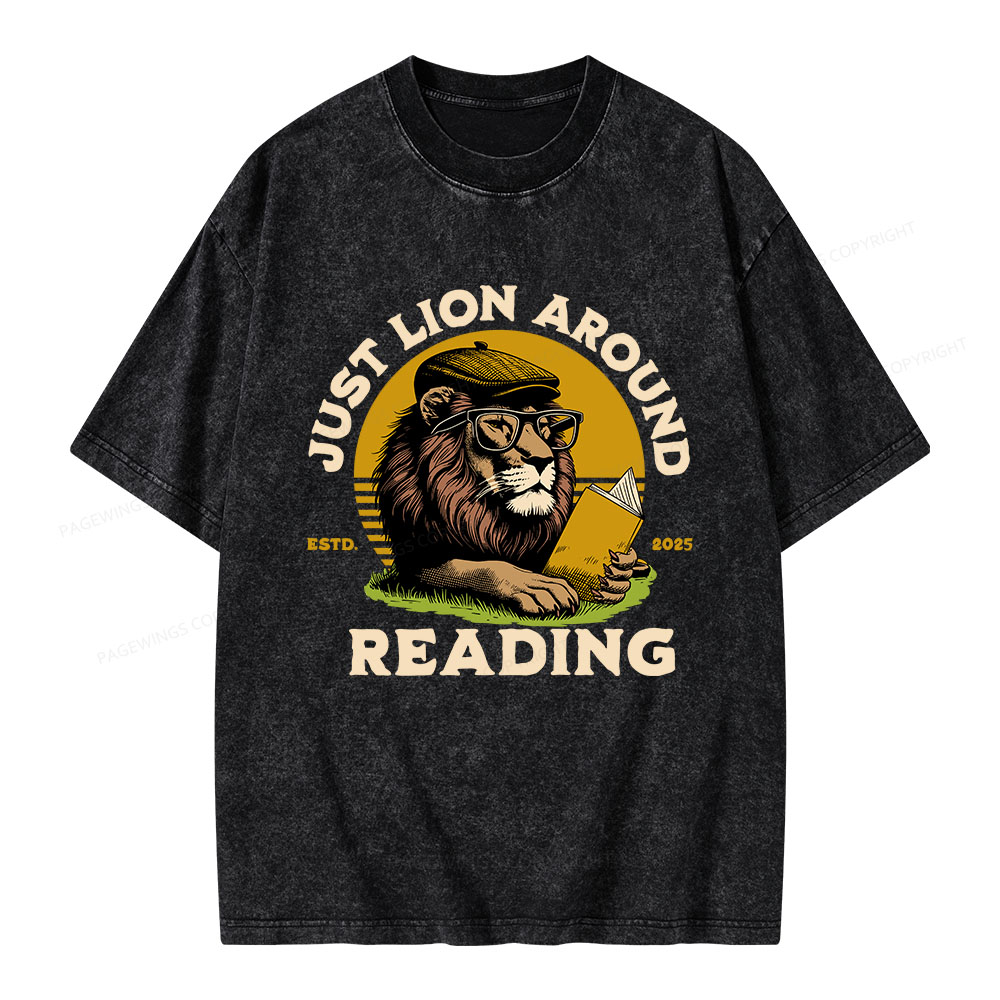 Pagewings Just Lion Around Reading Unisex Washed T-shirt