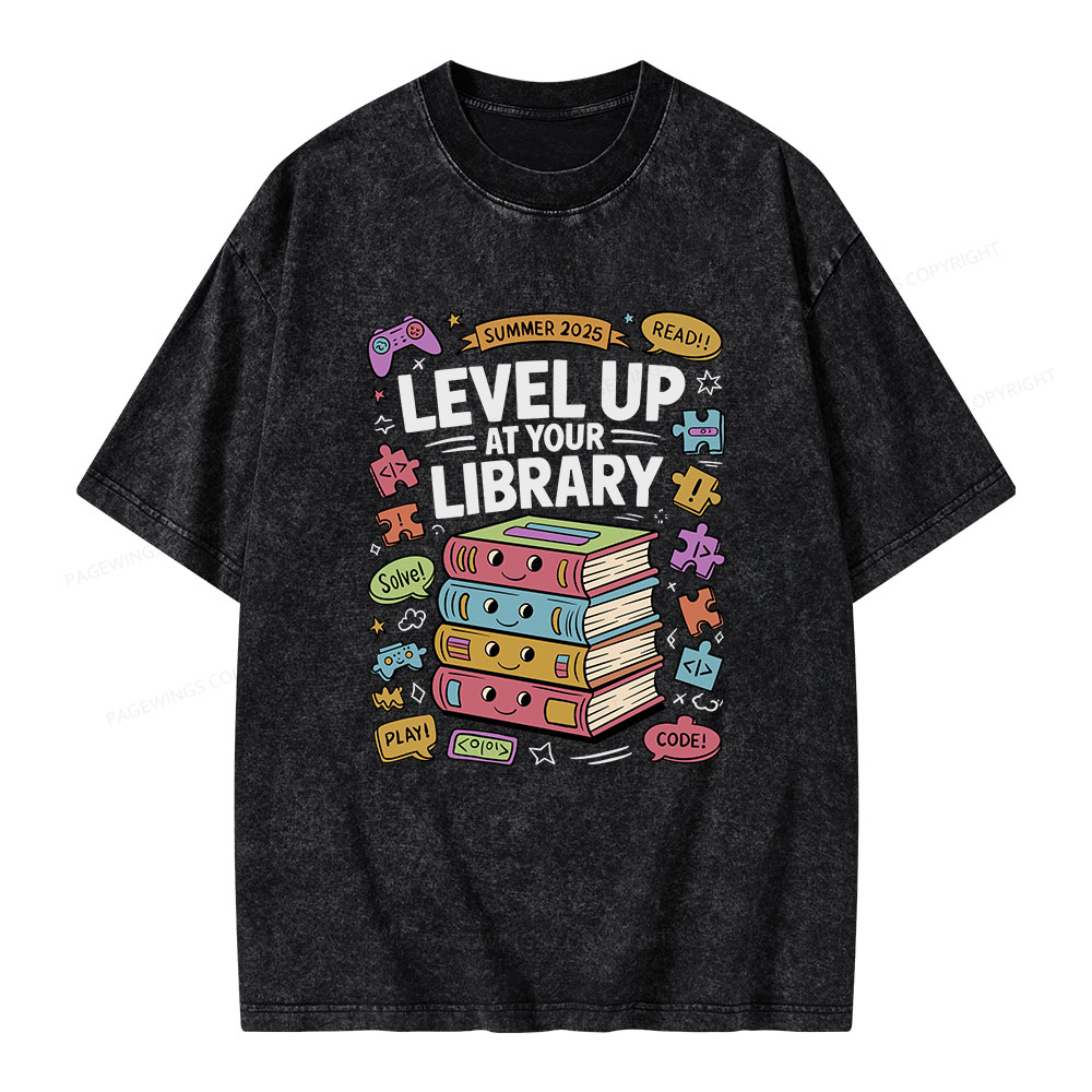 Pagewings Level Up at Your Library Summer 2025 Unisex Washed T-shirt