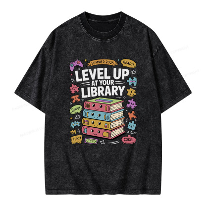Pagewings Level Up at Your Library Summer 2025 Unisex Washed T-shirt