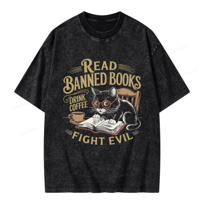 Pagewings Read Books Drink Coffee Fight Evil Unisex Washed T-shirt