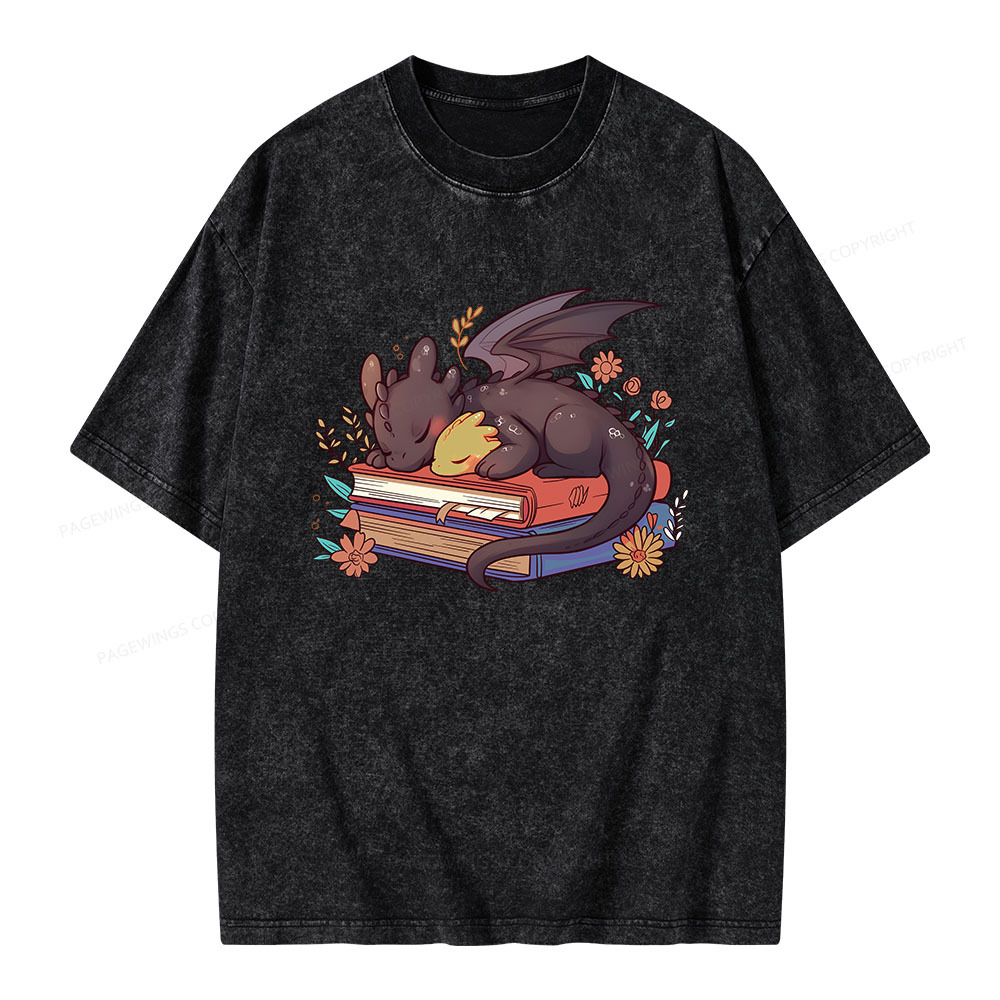Pagewings Cute Book Dragon Unisex Washed T-shirt