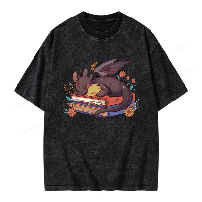Pagewings Cute Book Dragon Unisex Washed T-shirt