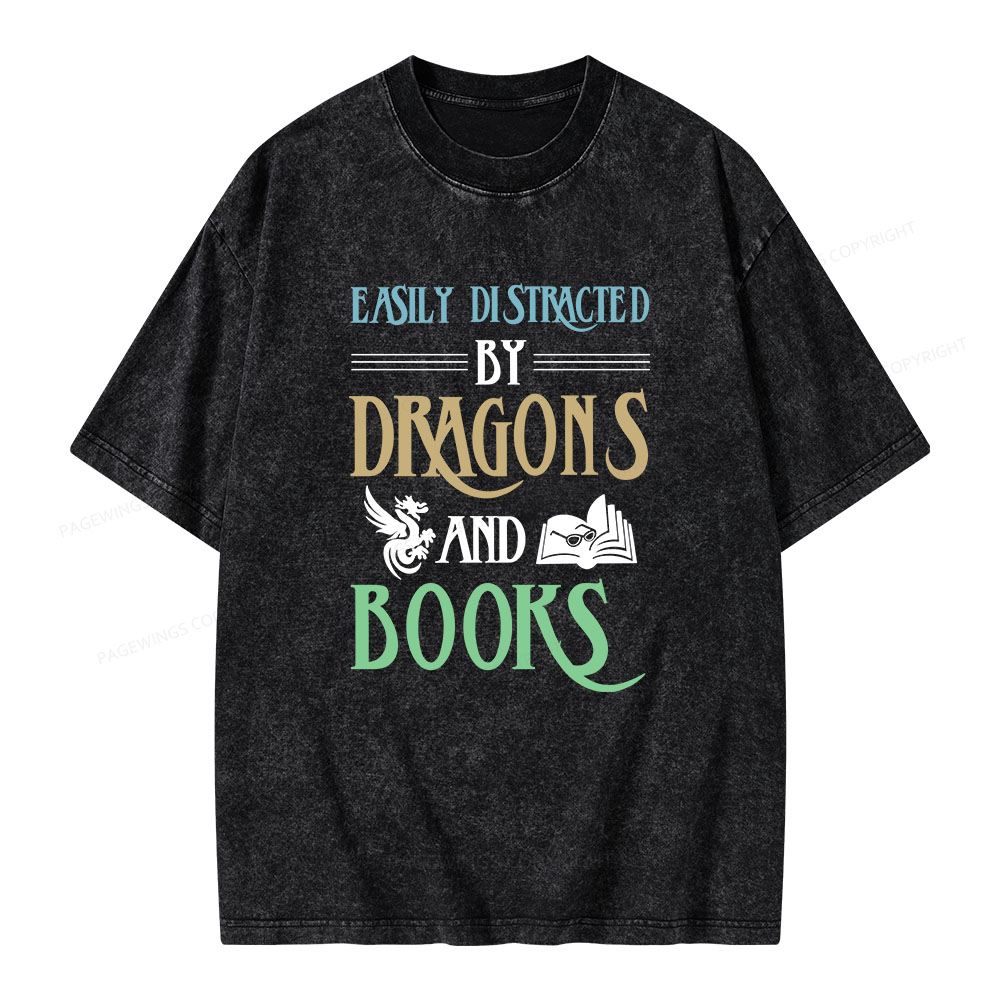 Pagewings Easily Distracted By Dragons And Books Unisex Washed T-shirt