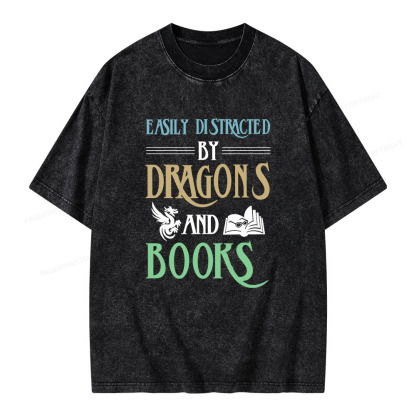 Pagewings Easily Distracted By Dragons And Books Unisex Washed T-shirt