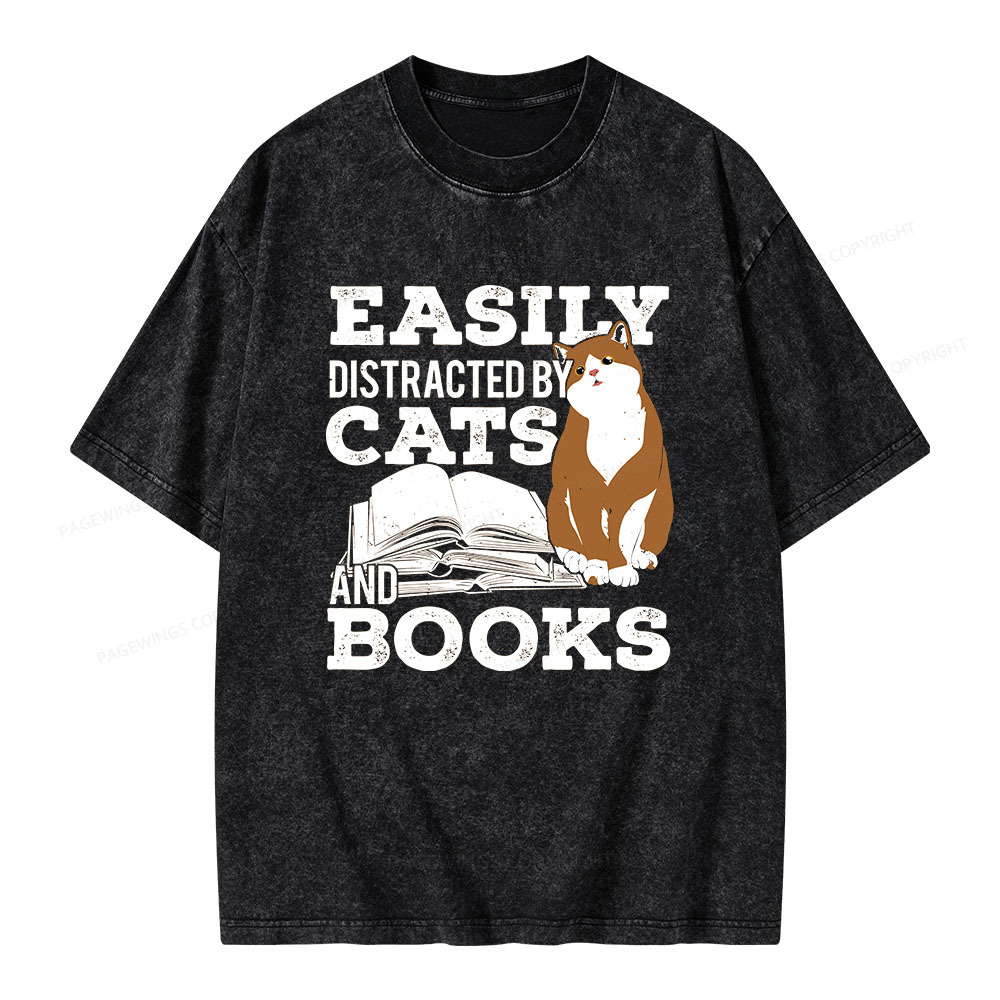 Pagewings Easily Distracted By Cats And Books All Year Unisex Washed T-shirt
