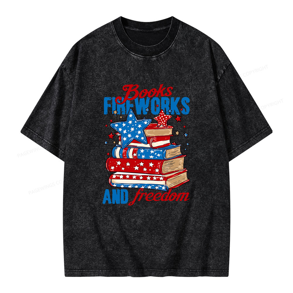 Pagewings Books Fireworks and Freedom Retro Unisex Washed T-shirt