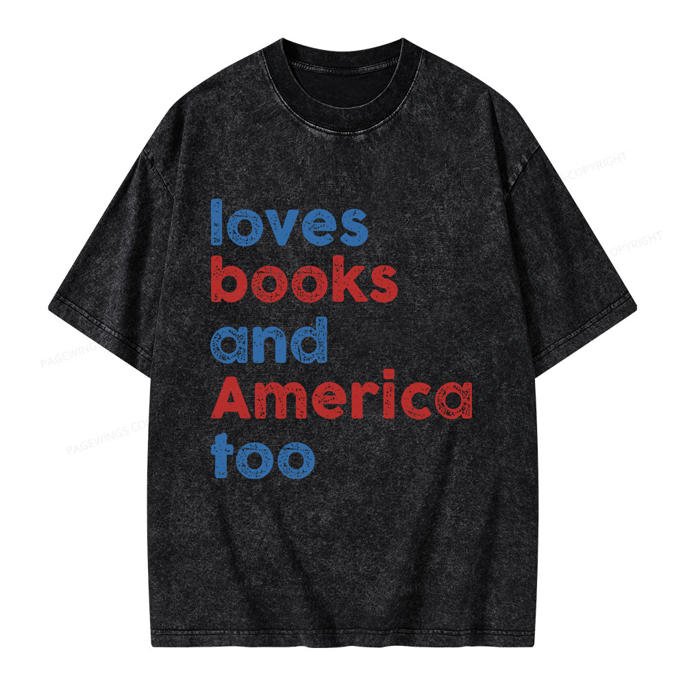 Pagewings Loves Books and America Too Unisex Washed T-shirt