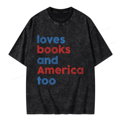 Pagewings Loves Books and America Too Unisex Washed T-shirt