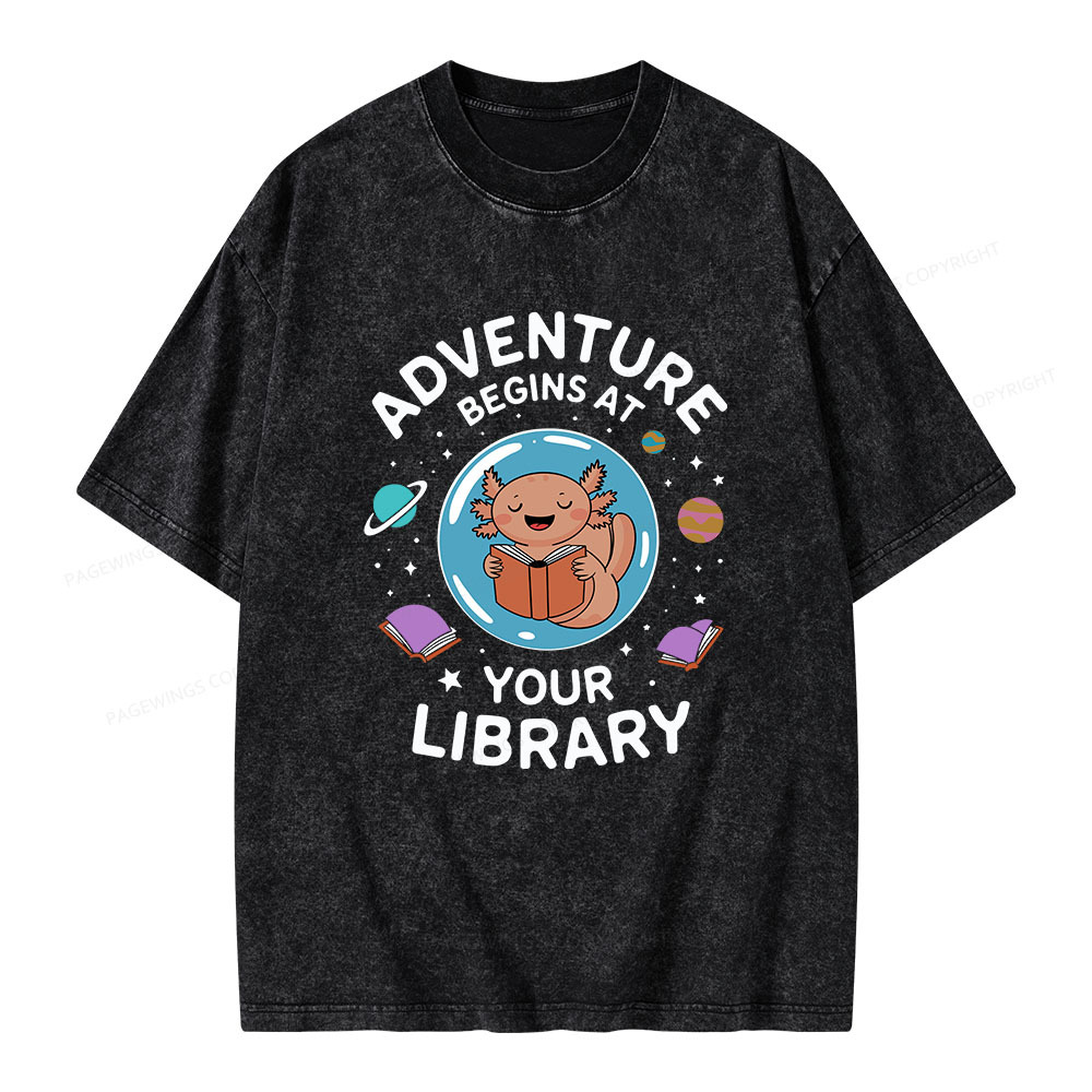 Pagewings Adventure Begins At Your Library Unisex Washed T-shirt