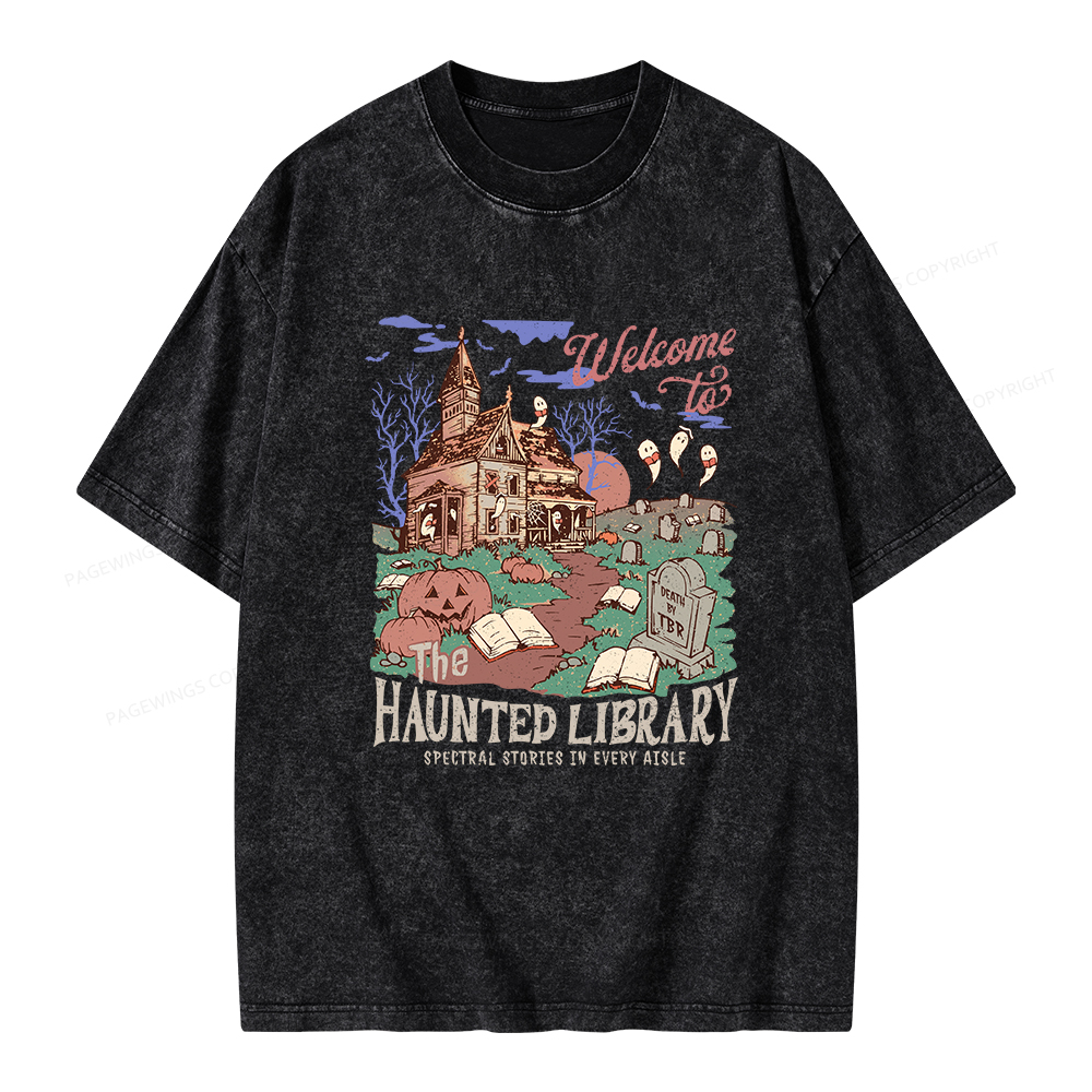 Pagewings Welcome To The Haunted Library Unisex Washed T-shirt