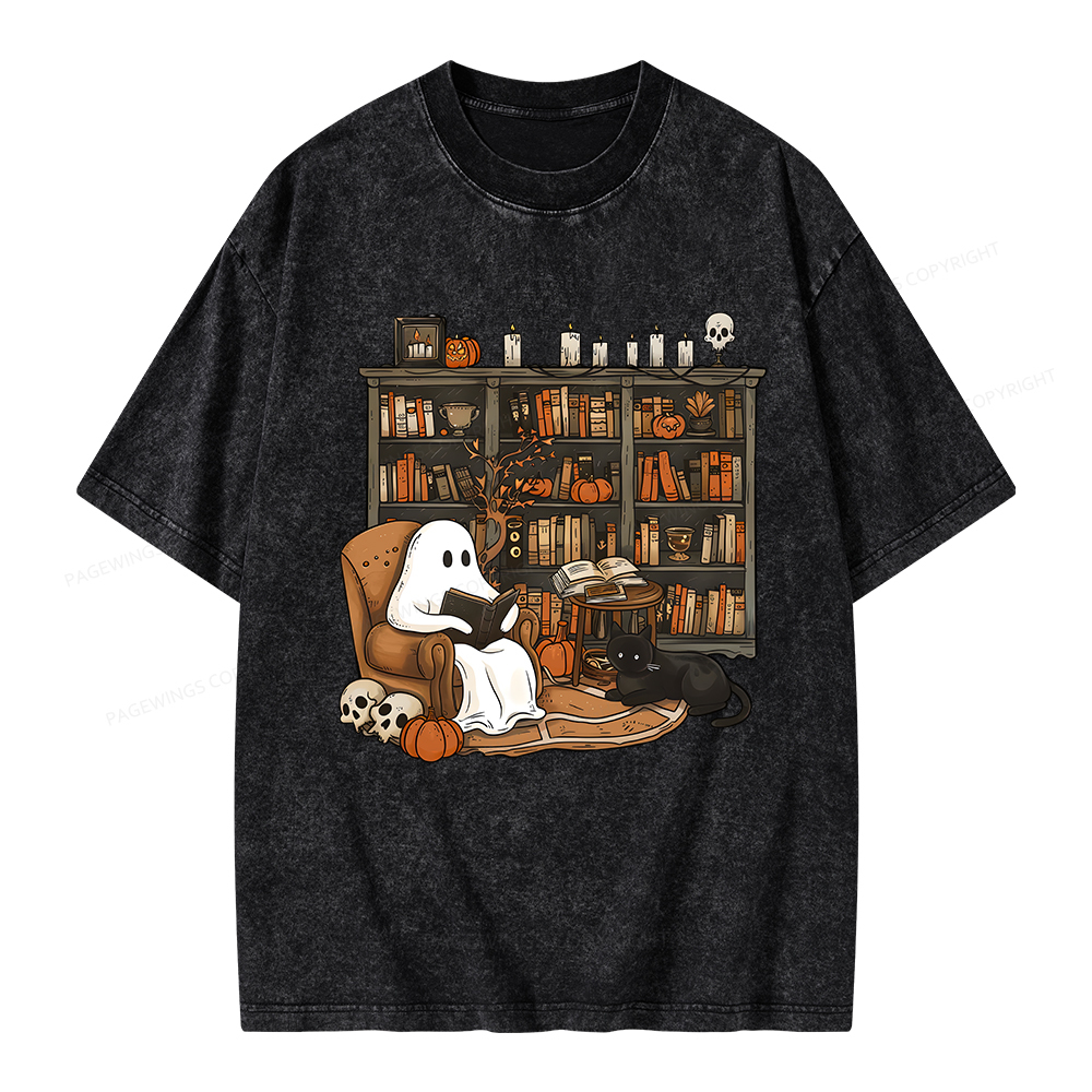 Pagewings Halloween Ghost Reading Books Unisex Washed T-shirt