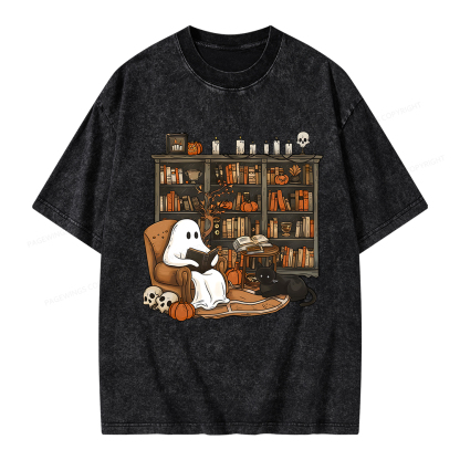Pagewings Halloween Ghost Reading Books Unisex Washed T-shirt