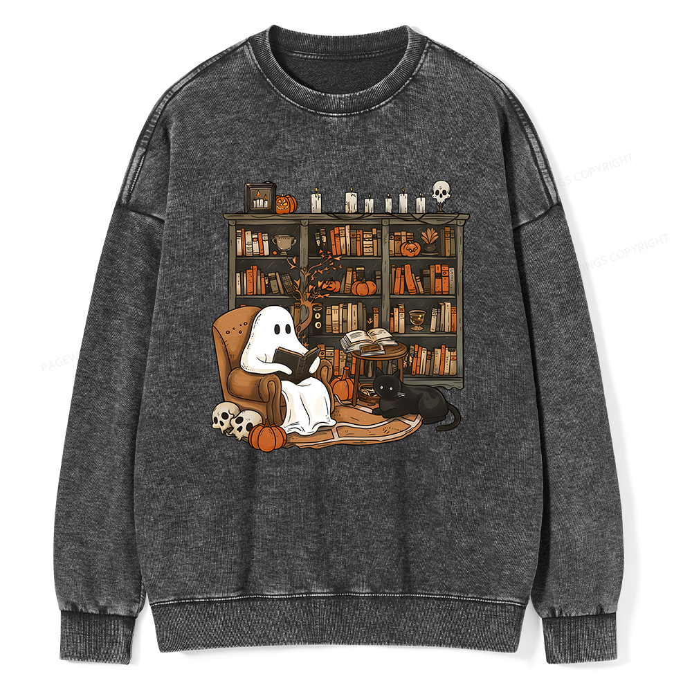 Pagewings Halloween Ghost Reading Books Unisex Washed Sweatshirt