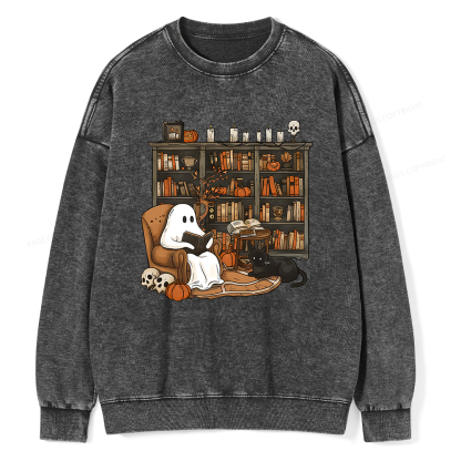 Pagewings Halloween Ghost Reading Books Unisex Washed Sweatshirt