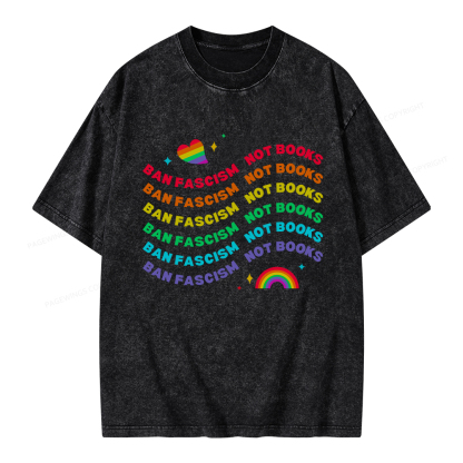Pagewings Ban Fascism Not Books Rainbow Unisex Washed T-shirt