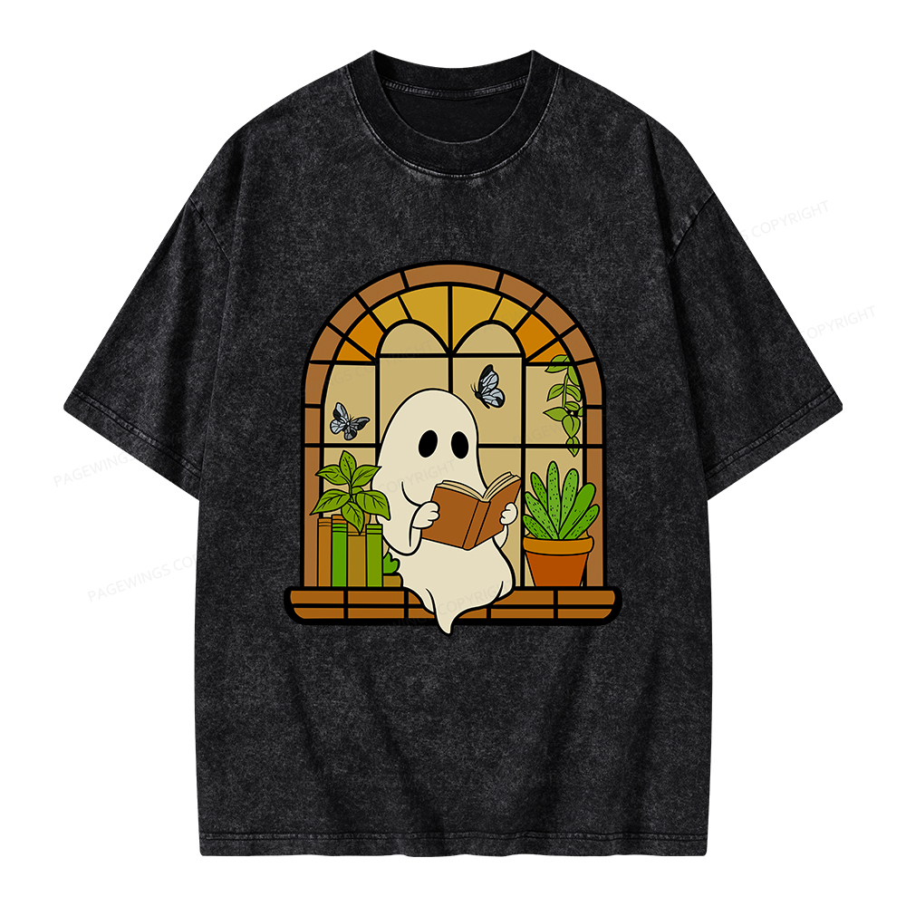 Pagewings Ghost Reading Book Halloween Unisex Washed T-shirt