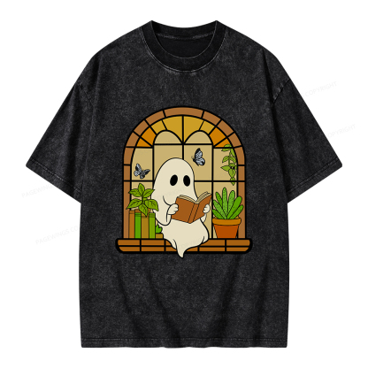 Pagewings Ghost Reading Book Halloween Unisex Washed T-shirt
