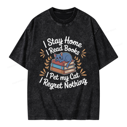 Pagewings I Stay Home I Read Books I Pet My Cat Unisex Washed T-shirt