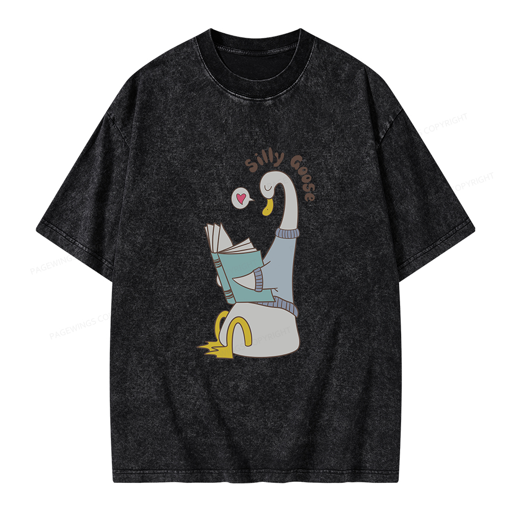 Pagewings Cute Silly Goose Reading Book Unisex Washed T-shirt