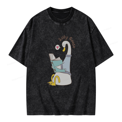 Pagewings Cute Silly Goose Reading Book Unisex Washed T-shirt