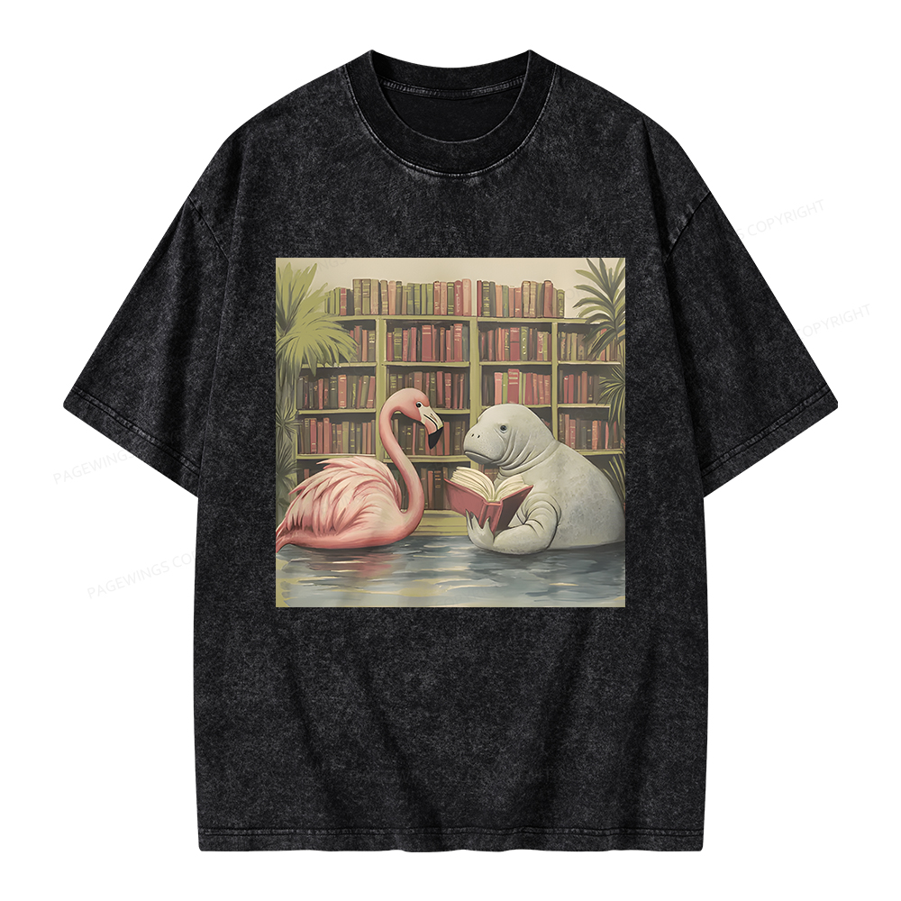 Pagewings Flamingo & Manatee Reading Book Unisex Washed T-shirt