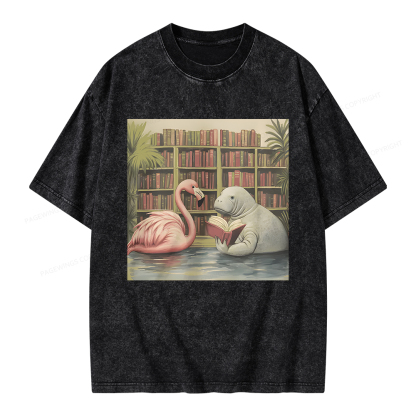 Pagewings Flamingo & Manatee Reading Book Unisex Washed T-shirt