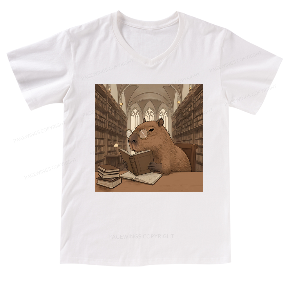 Pagewings The Reader Capybara V-neck T-shirt