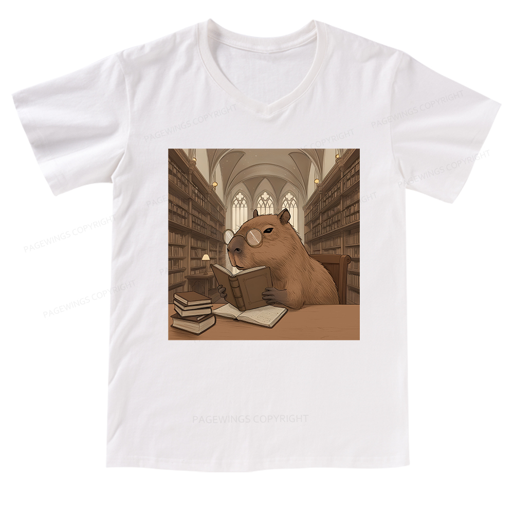 Pagewings The Reader Capybara V-neck T-shirt