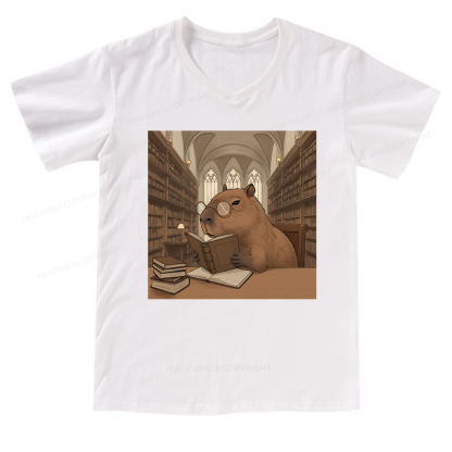 Pagewings The Reader Capybara V-neck T-shirt