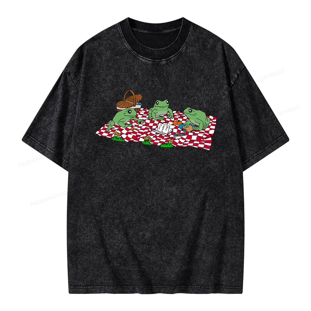 Pagewings Frog Picnic Book Summer Unisex Washed T-shirt