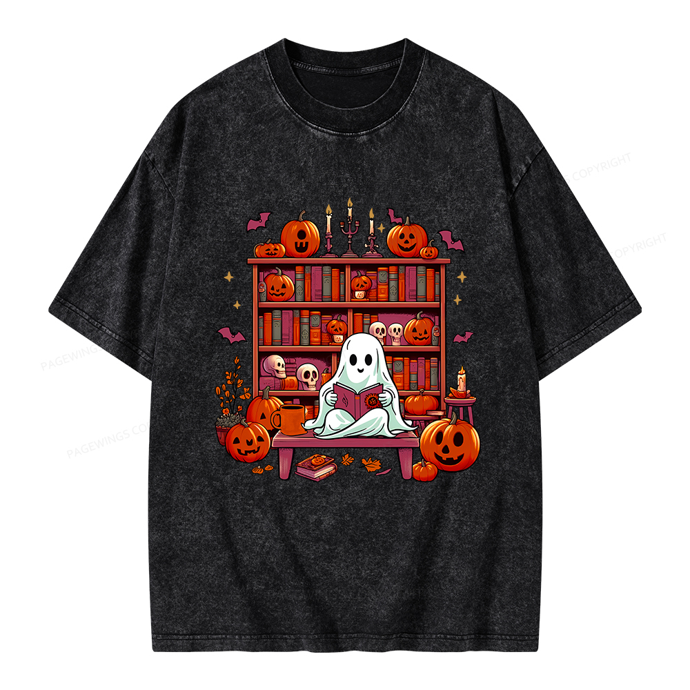 Pagewings Halloween Ghost Book Reader Unisex Washed T-shirt