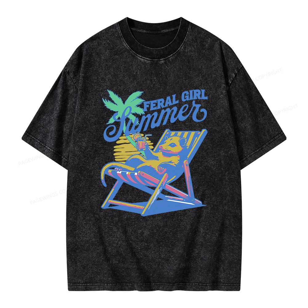 Pagewings Feral Girl Summer Opossum Unisex Washed T-shirt