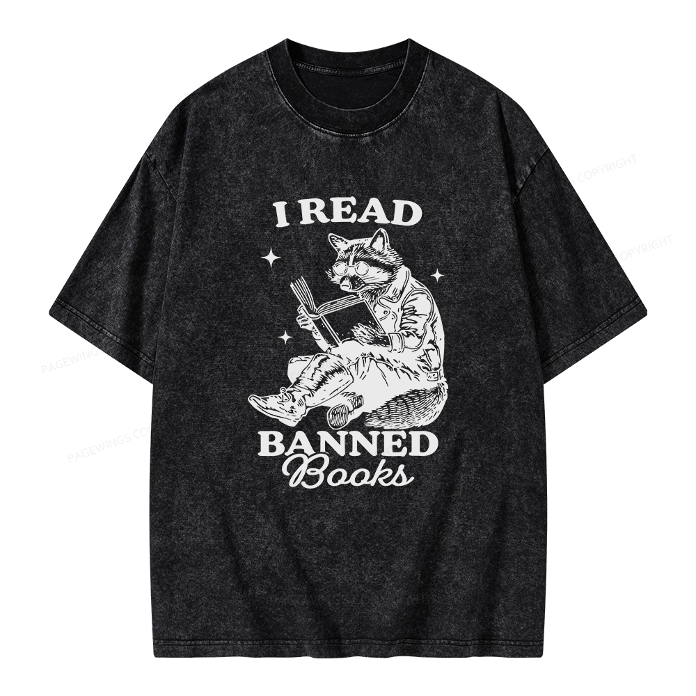 Pagewings I Read Banned Books Raccoon Reading Unisex Washed T-shirt