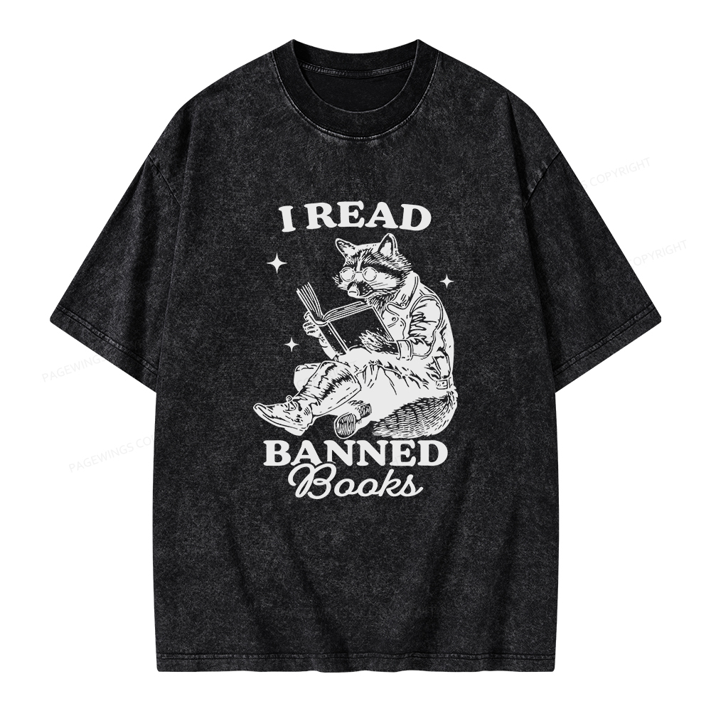 Pagewings I Read Banned Books Raccoon Reading Unisex Washed T-shirt