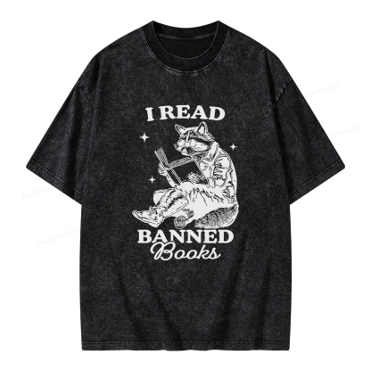 Pagewings I Read Banned Books Raccoon Reading Unisex Washed T-shirt