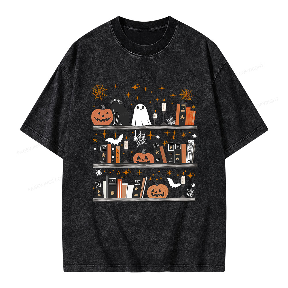 Pagewings Halloween Book Shelf Summerween Unisex Washed T-shirt