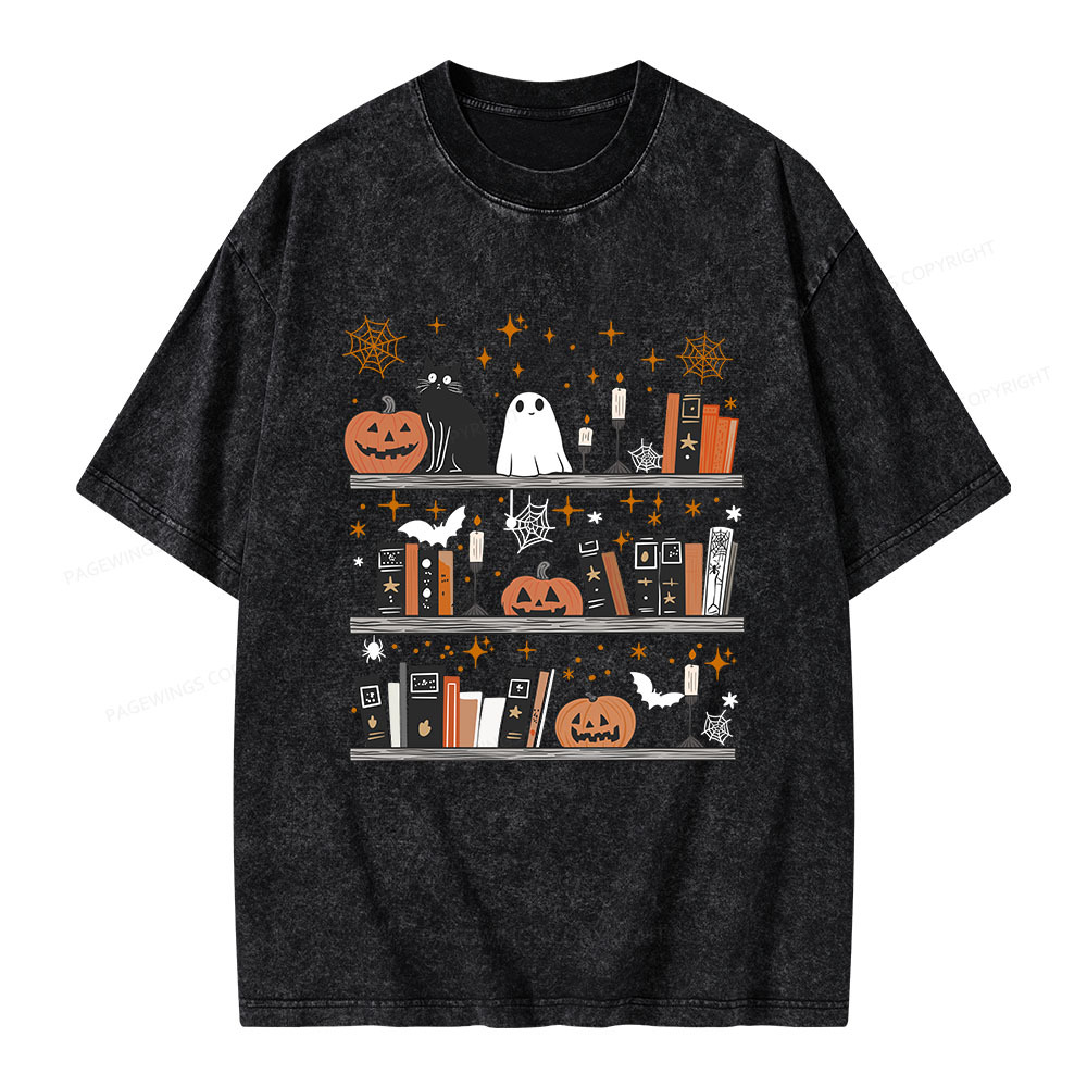 Pagewings Halloween Book Shelf Summerween Unisex Washed T-shirt