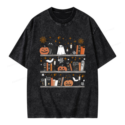 Pagewings Halloween Book Shelf Summerween Unisex Washed T-shirt