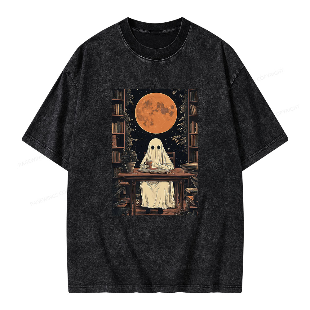 Pagewings Halloween Ghost Books Coffee  Unisex Washed T-shirt