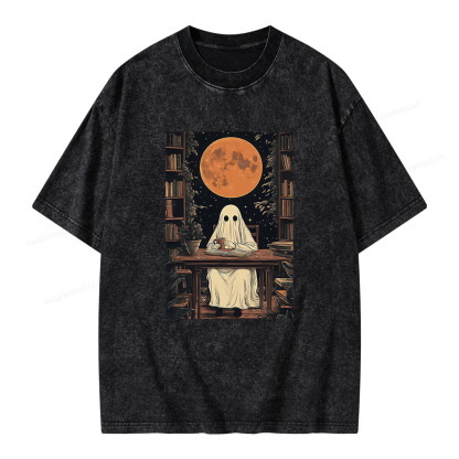 Pagewings Halloween Ghost Books Coffee  Unisex Washed T-shirt
