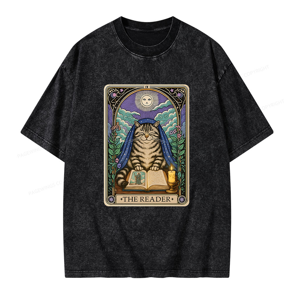 Pagewings The Reader Cat Tarot CardsUnisex Washed T-shirt